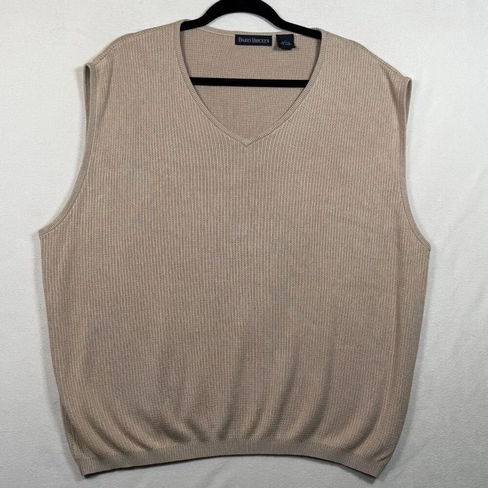 Barry Bricken 100% Silk Sweater Vest Mens Large Tan V Neck Knit Classic Golf